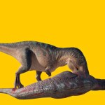 A dinosaur king Acrocanthosaurus standing near a dead one isolated on yellow background
