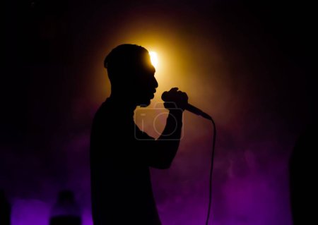 Foto de Una silueta de un hombre cantando usando un micrófono dentro de un club con humo púrpura a su alrededor - Imagen libre de derechos
