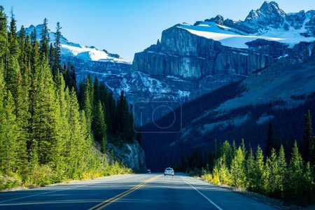 Téléchargez les photos : Une vue imprenable sur le paysage de la route entourée d'arbres verts, avec une montagne rocheuse en arrière-plan par une journée ensoleillée - en image libre de droit