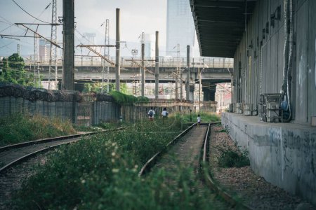 Foto de Dos viejos ferrocarriles vacíos bajo un puente rodeado de torres de transmisión - Imagen libre de derechos