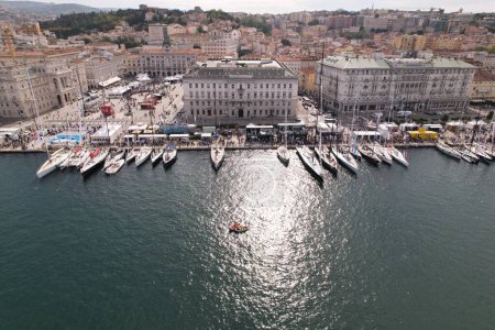 Photo for The Sailing boats and yachts docked in the Gulf of Trieste, Barcelona, aerial - Royalty Free Image