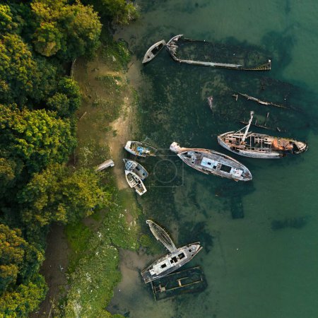 Téléchargez les photos : Vue aérienne par drone de vieux bateaux naufragés sur le rivage et d'arbres verts - en image libre de droit