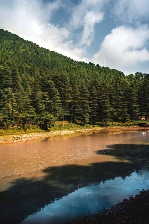 Téléchargez les photos : Un plan vertical du lac Dal avec une forêt dense de montagne verte en arrière-plan dans l'Himachal Pradesh, Inde - en image libre de droit