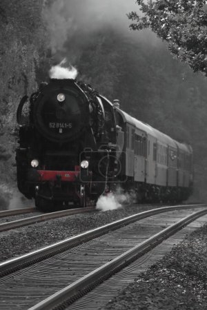 Téléchargez les photos : Une couleur sélective de train à vapeur avec des chemins de fer avec fond brumeux - en image libre de droit