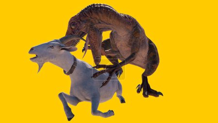 Foto de Representación en 3D de un dinosaurio Velociraptor comiendo una cabra aislada sobre un fondo amarillo - Imagen libre de derechos