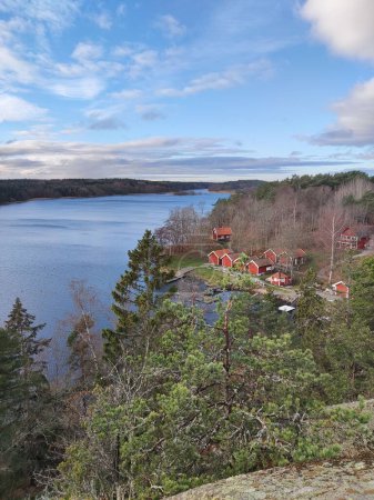 Téléchargez les photos : Un plan vertical d'un lac bleu propre avec des forêts et des cabanes dans ses environs - en image libre de droit