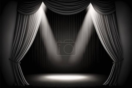 Téléchargez les photos : Illustration 3D d'une scène avec rideaux noirs et lumières blanches isolées sur fond blanc - en image libre de droit