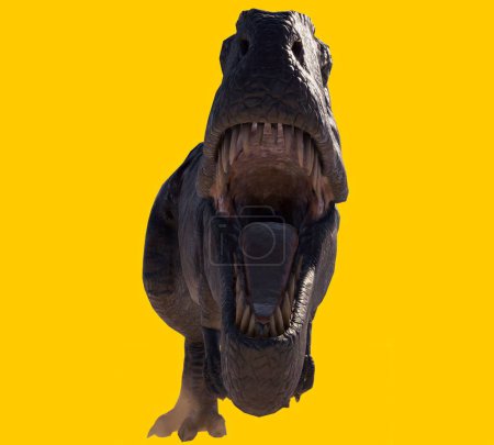 Téléchargez les photos : Illustration d'un dinosaure giganotosaurus rugissant avec sa grande bouche isolée sur fond jaune - en image libre de droit