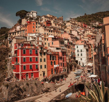 Photo for The facades of the colorful buildings in Cinque Terre Italy on a sunny day against the blue sky - Royalty Free Image