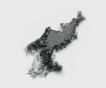 Foto de Una representación 3D de relieve sombreado Corea del Norte mapa aislado sobre fondo blanco - Imagen libre de derechos