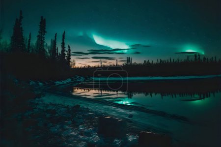 Foto de Un pintoresco plano de un mar y árboles bajo el colorido cielo por la noche durante las auroras boreales - Imagen libre de derechos