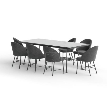 Téléchargez les photos : Illustration 3D d'une table grise avec chaises noires isolées sur fond blanc - en image libre de droit