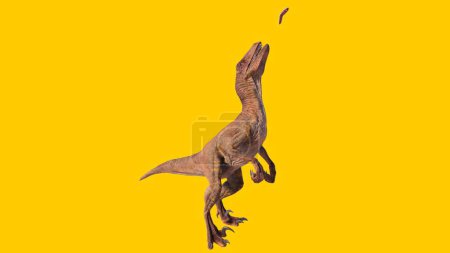 Photo for A 3D rendering of a Velociraptor dinosaur catching its prey isolated on a yellow background - Royalty Free Image