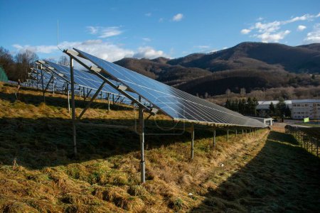 Foto de Una planta solar fotovoltaica en el campo cerca del bosque - Imagen libre de derechos