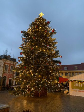 Photo for A vertical closeup shot of a large Christmas tree in downtown Denmark - Royalty Free Image