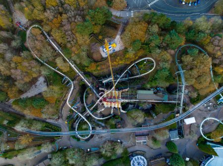 Photo for A drone view of the Nemesis inverted roller coaster being removed from the Alton Towers theme park in England - Royalty Free Image
