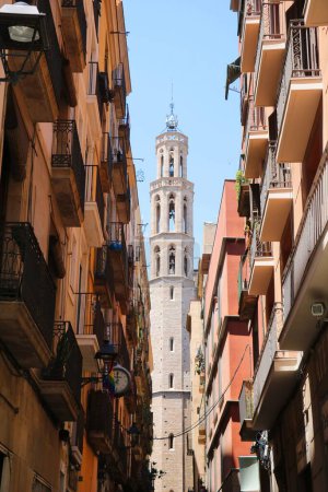 Photo for A vertical view of the high white cathedral Santa Maria del Mar in the gothic quarter of Barcelona - Royalty Free Image