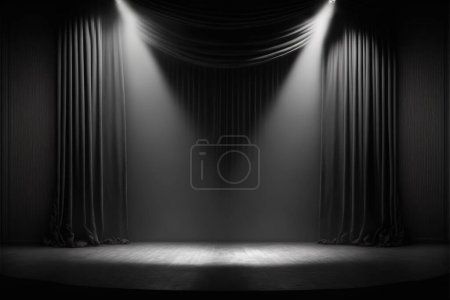 Foto de Una vista de etapa dorada con una luz de lazo y cortinas grises - Imagen libre de derechos