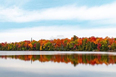 Foto de Un paisaje escénico del reflejo de un bosque colorido en colores otoñales, follaje otoñal en un lago - Imagen libre de derechos