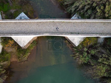 Téléchargez les photos : Vue aérienne d'une personne debout sur le pont au-dessus de la rivière entourée d'arbres - en image libre de droit
