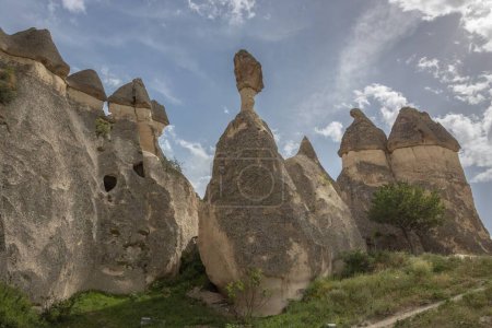 Photo for A low-angle shot of a beautiful stone formations in Pasabag Valley in Cappadocia, with a stormy sky in the background - Royalty Free Image