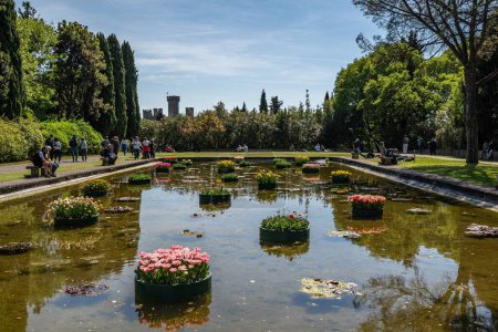 Foto de Los pintorescos jardines acuáticos con tulipanes flotantes en Parco Sigurta, Valleggio sul Mincio, Veneto, Italia - Imagen libre de derechos