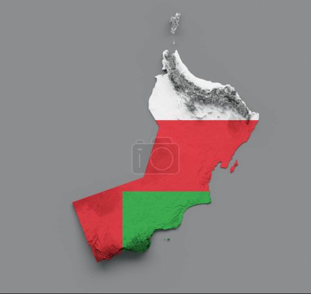 Téléchargez les photos : Un rendu 3D de la carte d'Oman avec relief ombragé isolé sur fond gris - en image libre de droit
