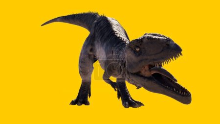 Téléchargez les photos : Illustration d'un dinosaure giganotosaurus rugissant avec sa grande bouche isolée sur fond jaune - en image libre de droit