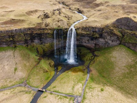 Photo for An aerial drone shot of the famous Seljalandsfoss waterfall in Iceland - Royalty Free Image