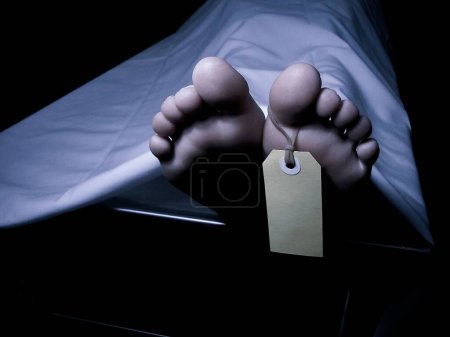 Foto de Una ilustración en 3D de pies que sobresalen de una sábana con una etiqueta como en una morgue - Imagen libre de derechos