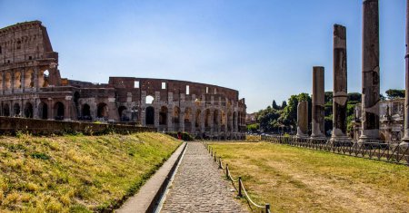 Foto de Una foto panorámica del Coliseo y el Templo de Venus y Roma en el Foro Romano en Roma, Italia - Imagen libre de derechos