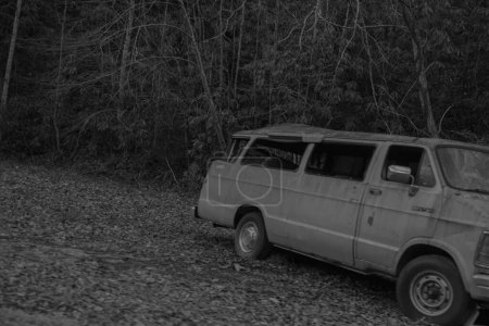 Foto de Un disparo a escala de grises de una vieja furgoneta abandonada cerca de árboles en un bosque - Imagen libre de derechos