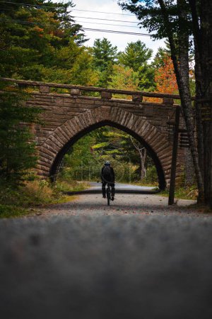 Photo for A man driving bike under the arched stone bridge in Acadia National Park in autumn - Royalty Free Image