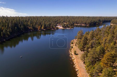Téléchargez les photos : Vue aérienne du lac Woods Canyon entouré de forêts - en image libre de droit