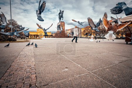 Téléchargez les photos : Un beau cliché de pigeons volants sur la place dans le centre de Zagreb, Croatie - en image libre de droit