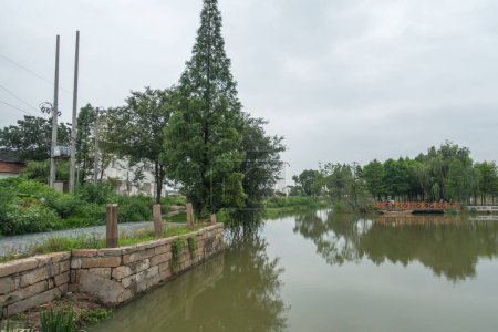 Téléchargez les photos : Gros plan d'un étang immobile et de barrières de pierre dans un parc verdoyant sous le ciel nuageux - en image libre de droit