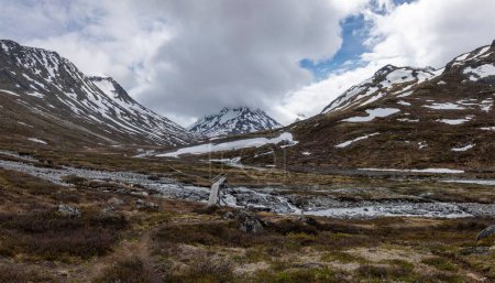 Téléchargez les photos : Un beau plan de ruisseau coulant sur la vallée de Visladen près des montagnes à Piterstulen, Jotunheimen, Norvège - en image libre de droit