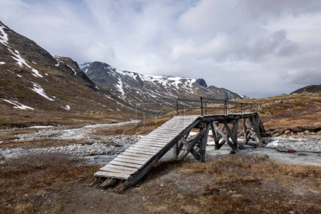 Téléchargez les photos : Un beau cliché d'un pont sur un ruisseau de la vallée de Visladen à Piterstulen, Jotunheimen, Norvège - en image libre de droit