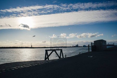 Téléchargez les photos : Une belle vue d'une silhouette d'une plage sous un ciel bleu avec des nuages. - en image libre de droit