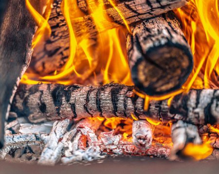 Téléchargez les photos : Un gros plan de bois de chauffage se transformant en cendres et la flamme orange du feu de camp - en image libre de droit
