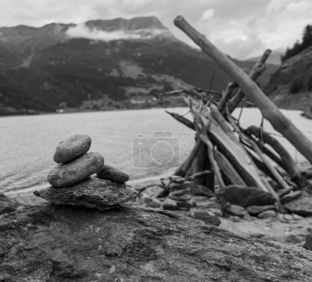 Téléchargez les photos : Une échelle de gris d'un tas de pierres et de branches au bord du lac - en image libre de droit