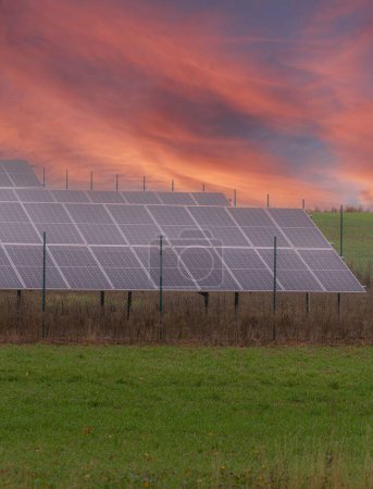 Foto de Un disparo vertical de los paneles solares en el campo al atardecer. Concepto de recursos sostenibles. - Imagen libre de derechos