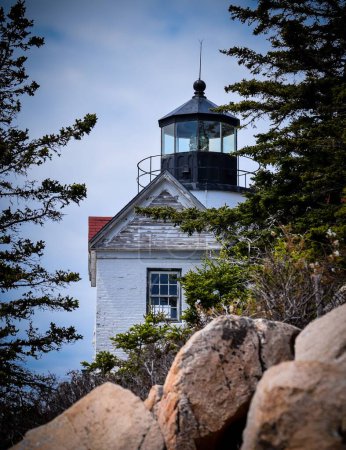 Photo for A vertical shot of Lighthouse in Maine surrounded with stones and trees - Royalty Free Image