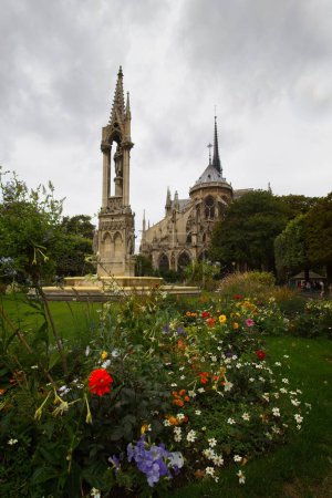 Téléchargez les photos : Un parc coloré avec des fleurs et Notre Dame au loin à Paris, France, plan vertical - en image libre de droit
