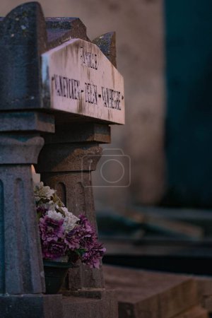 Téléchargez les photos : Plan vertical d'une fleur sur une pierre tombale dans un cimetière - en image libre de droit