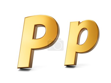 Foto de Ilustración 3D de una letra P en metal dorado, aislada sobre fondo blanco, mayúscula y una pequeña letra - Imagen libre de derechos