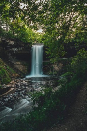 Foto de Un plano vertical de una cascada escénica en un bosque, fresco para el fondo - Imagen libre de derechos