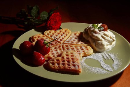 Photo for A closeup of a cute yummy strawberries waffles dessert on a dark background - Royalty Free Image