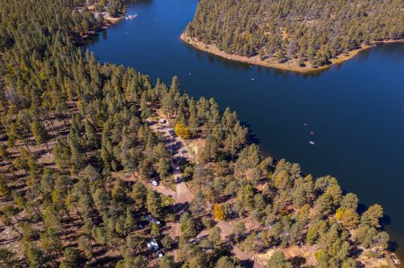 Foto de Vista aérea del lago Woods Canyon, rodeado de bosques - Imagen libre de derechos