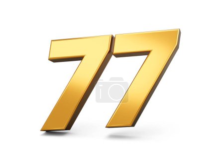 Foto de Ilustración en 3D de un número setenta y siete en color metal dorado, aislado sobre un fondo blanco - Imagen libre de derechos